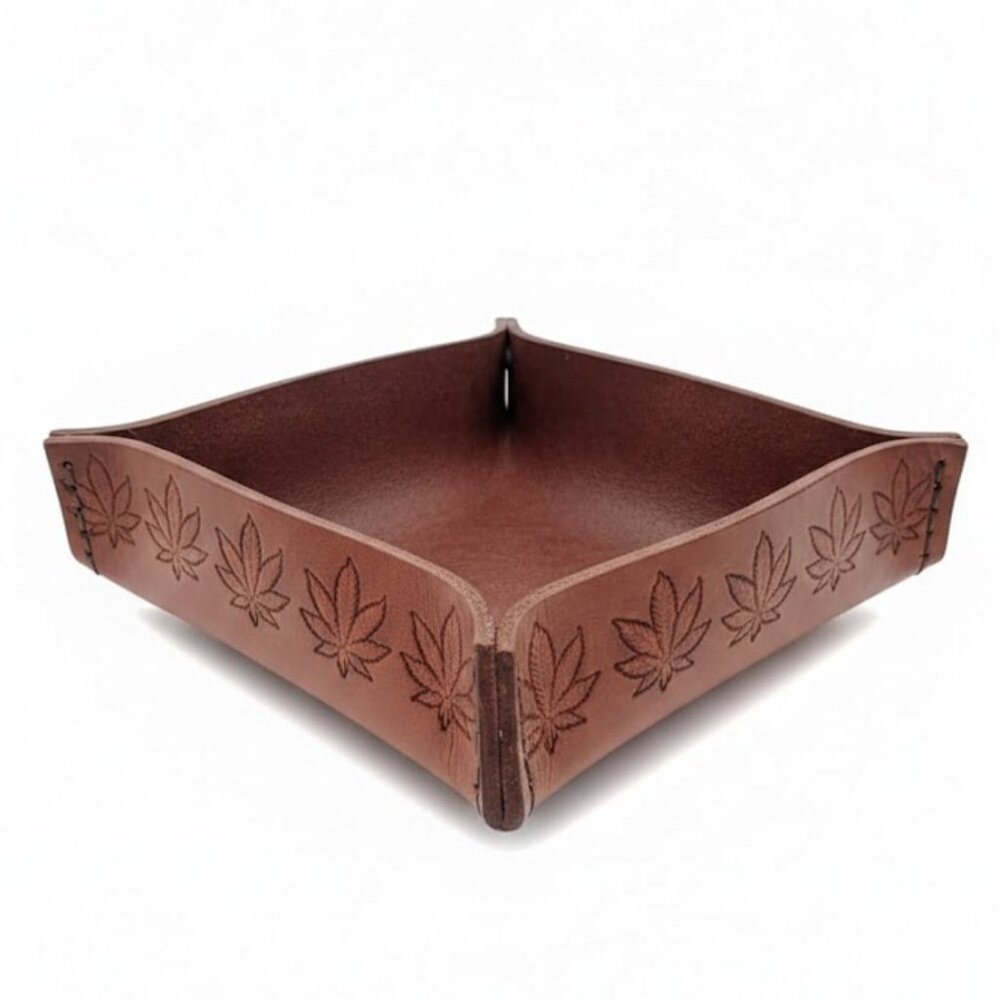 Cognac Leather Desk Valet Tray, Hand Stamped Leaf Design
